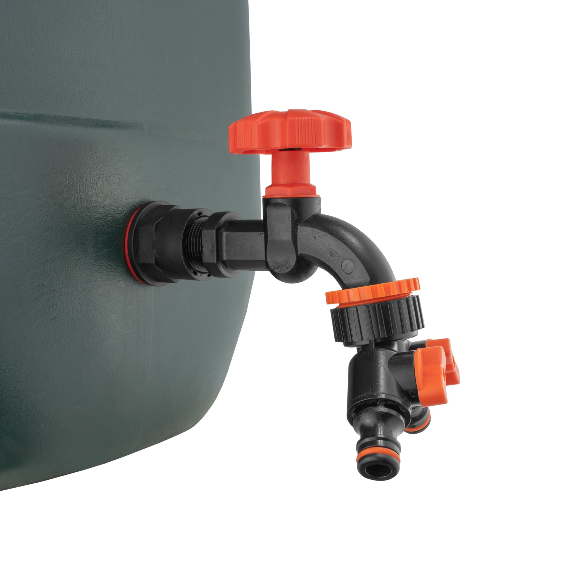 Water butt tap kit 1/2" fitting on barrel, orange dial cap, black split outlet