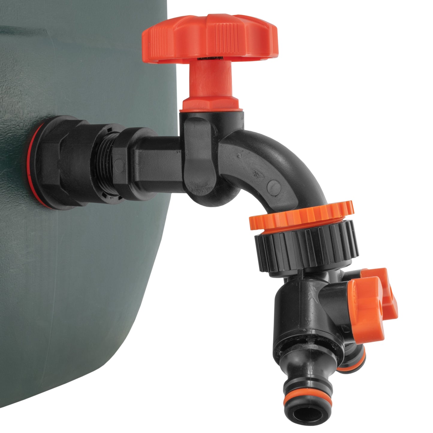Water butt tap kit 1/2" with black dial, orange turn knobs, dual hose outlets