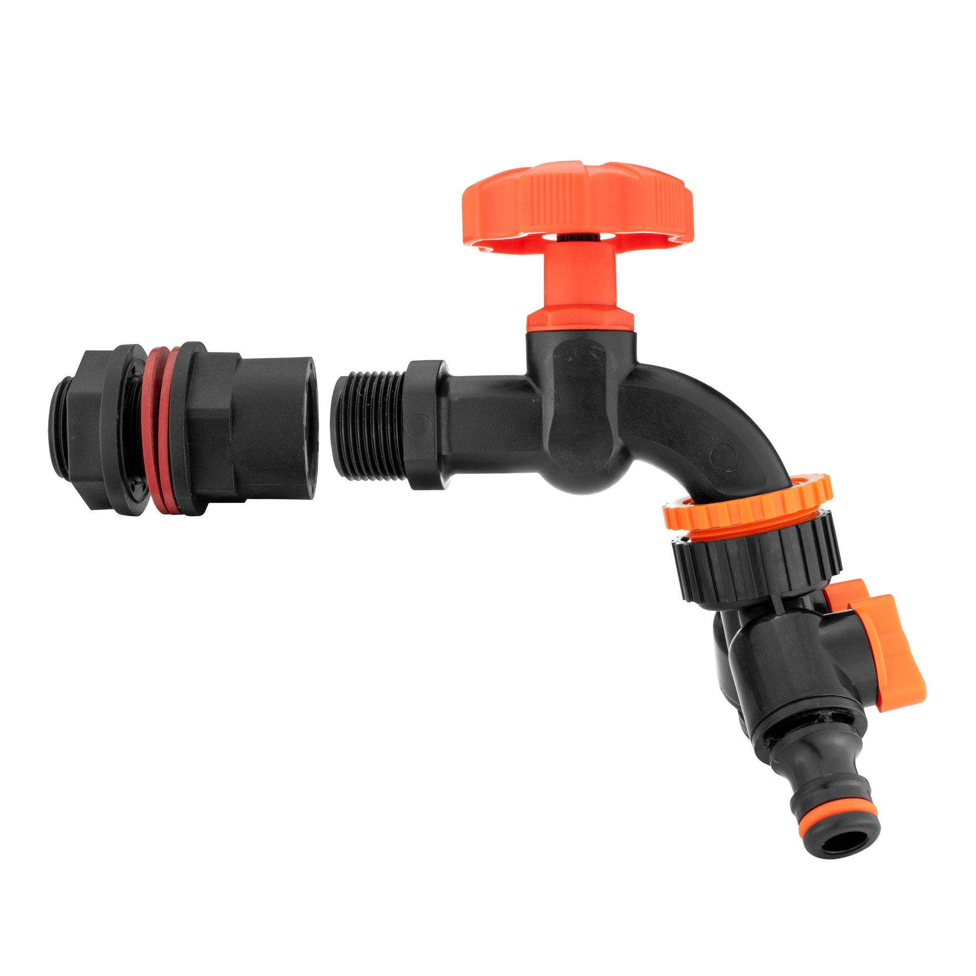 Water butt tap kit 1/2" with black connector ends, orange dial cap, split outlet
