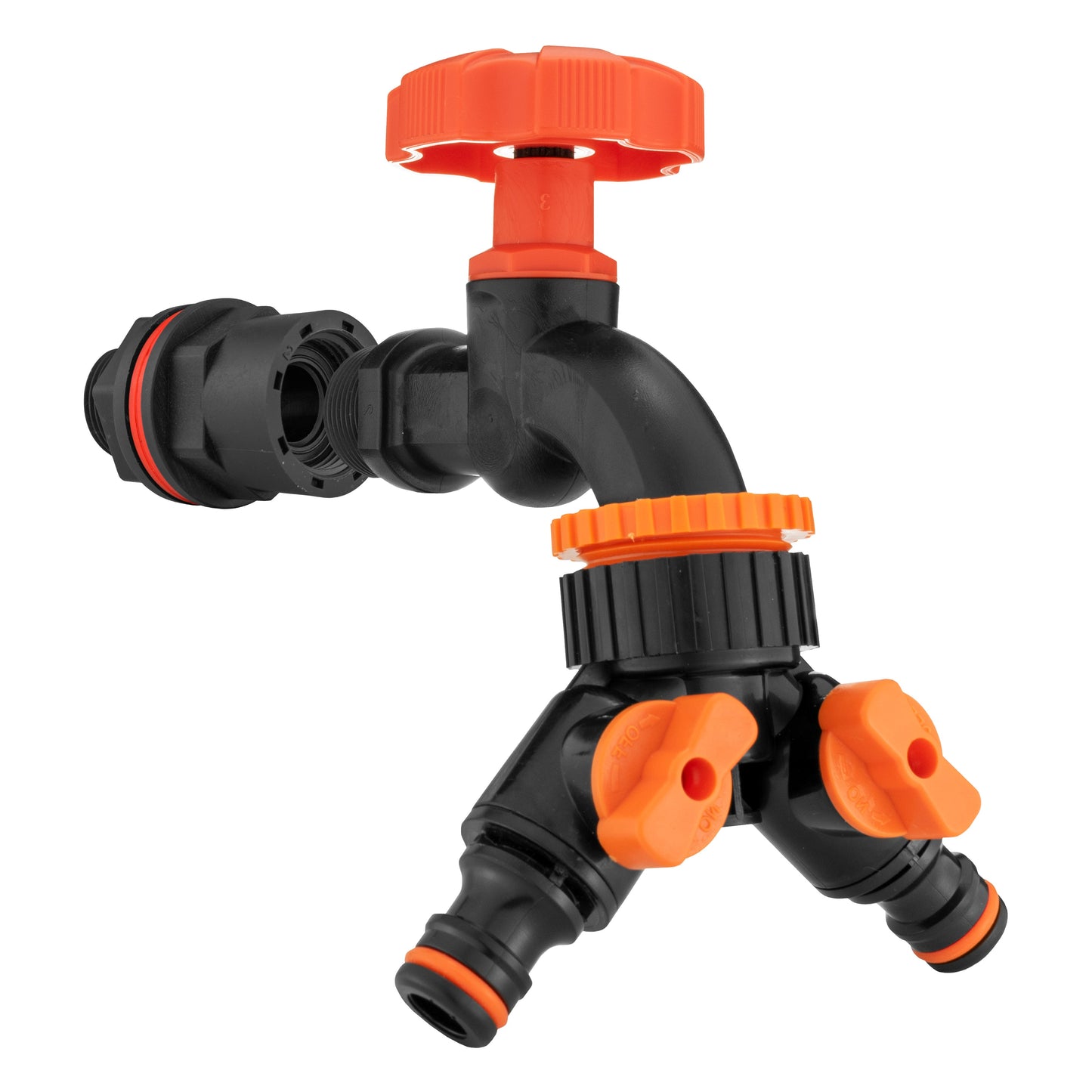 Water butt tap kit 1/2" with black dial and two-way splitter, black/orange controls