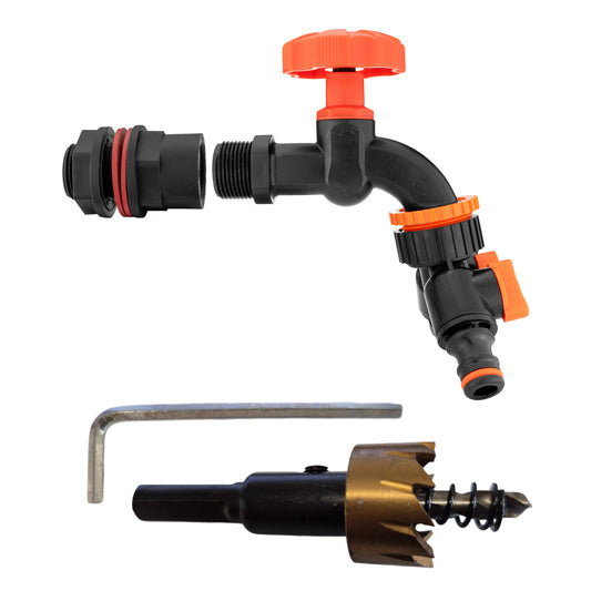 Water butt tap kit 1/2" with black dial, splitter, hoses and drill bit in view