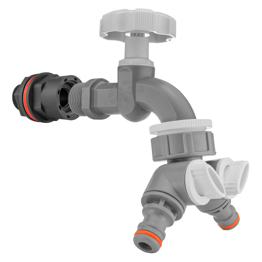 Water butt tap kit with grey dial and two-way splitter, grey and black fittings