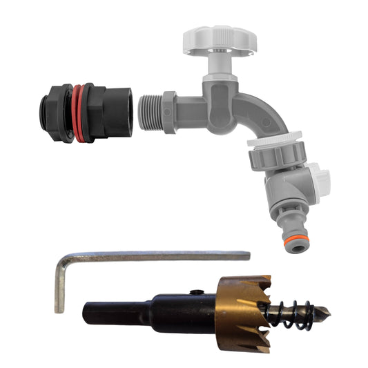 Water butt tap kit with 1/2" BSP grey dial tap, two-way splitter, fitting and drill bit