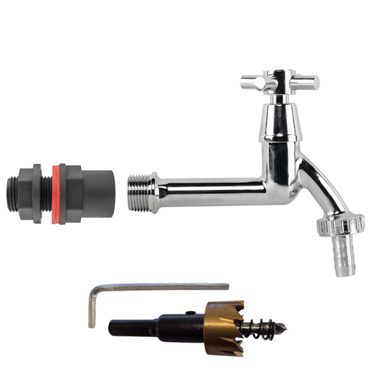 Water butt tap kit: chrome extendable tap with 1/2" barb connector and drill bit