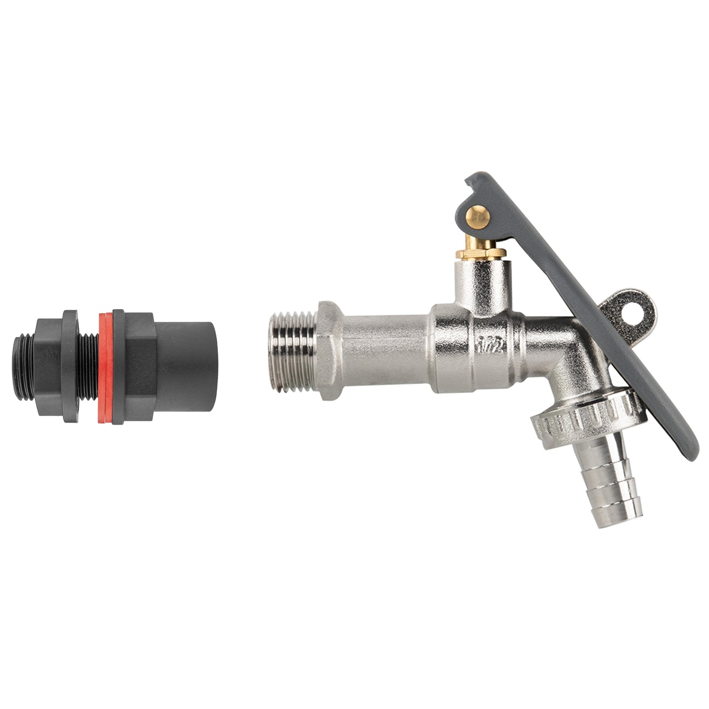 1/2" water butt lever tap with hose barb connection and lever lock handle