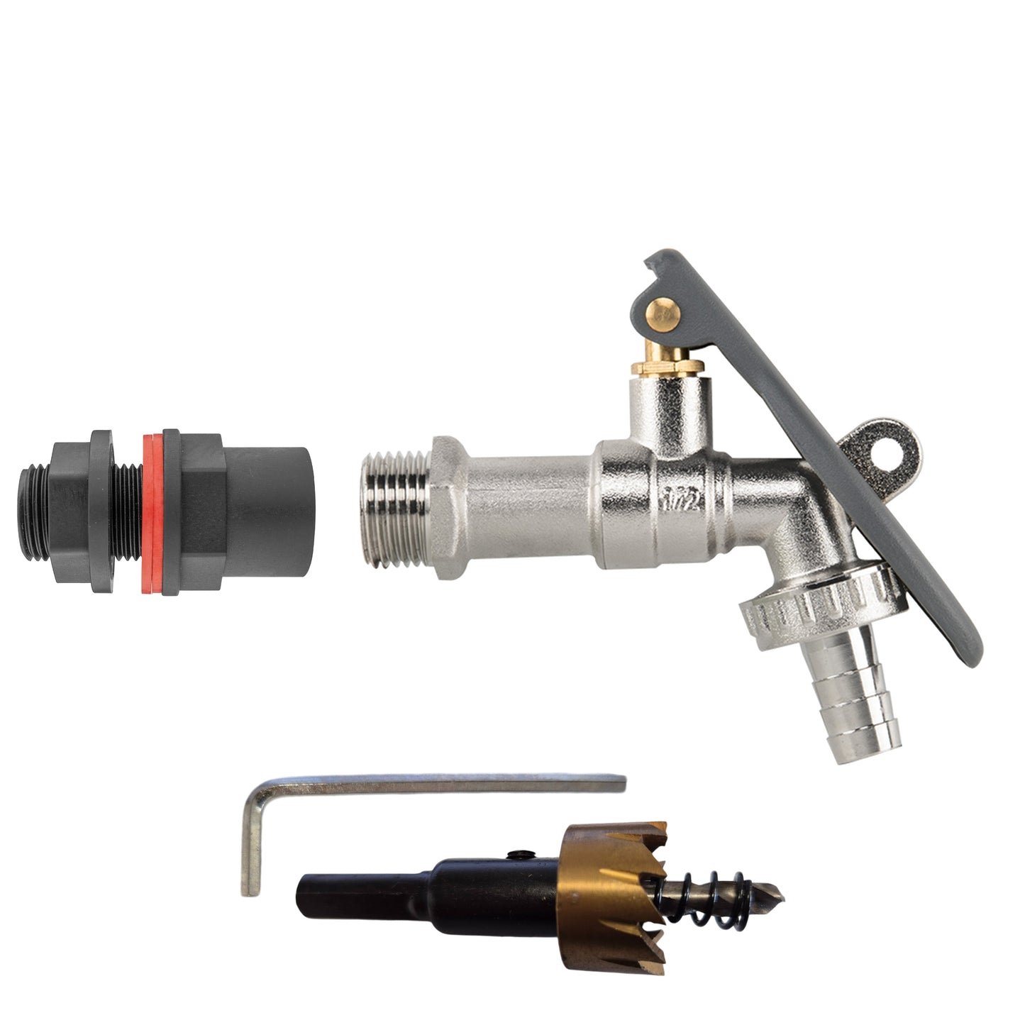 Water butt tap fitting kit: 1/2" lever tap, hose barb, lever lock and drill bit