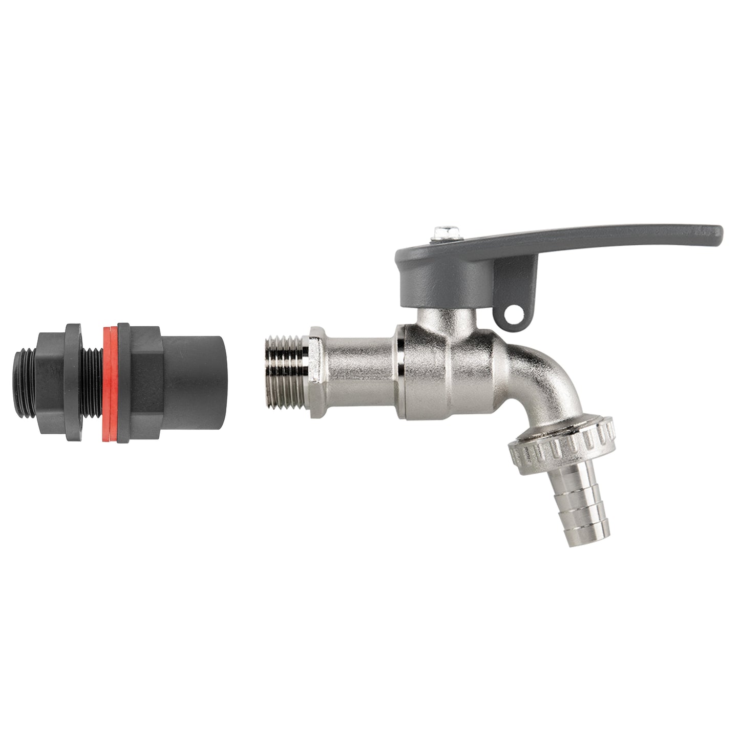 1/2" BSP fitting water butt tap kit with lever handle and hose barb outlet