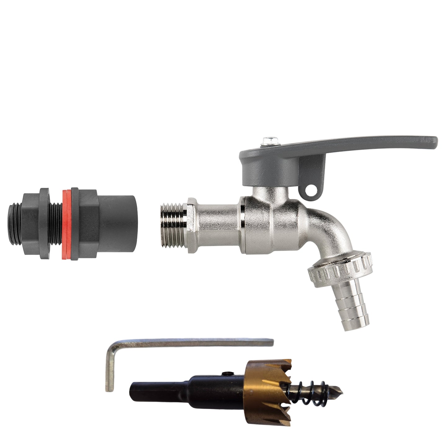 Water butt kit 1/2" tap hose barb with side lock lever handle, drill bit included