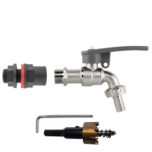 Water butt kit 1/2" tap hose barb with side lock lever handle, drill bit included