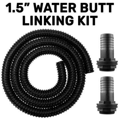 1.5" Water Butt Linking Kit: black coiled hose with two threaded connectors