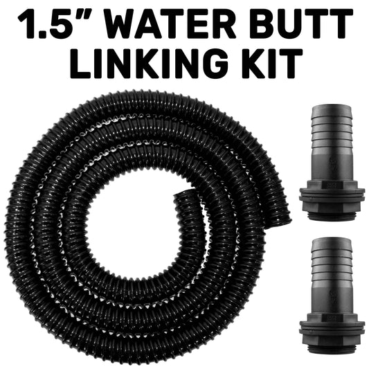 1.5" Water Butt Linking Kit: black coiled hose with two threaded connectors