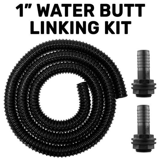 1-inch water butt linking kit: black coiled corrugated hose with two connector fittings