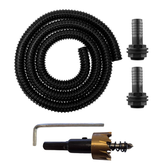 1" water butt linking kit: coiled ribbed hose, two fittings, drill bit and L hex key