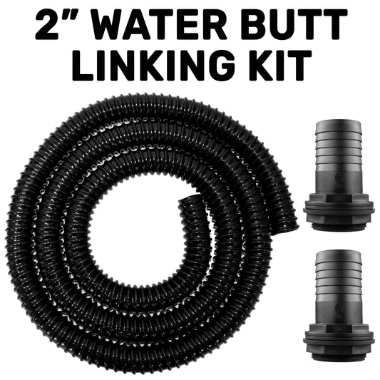 2" Water Butt Linking Kit: black corrugated hose coil with 2 adapters