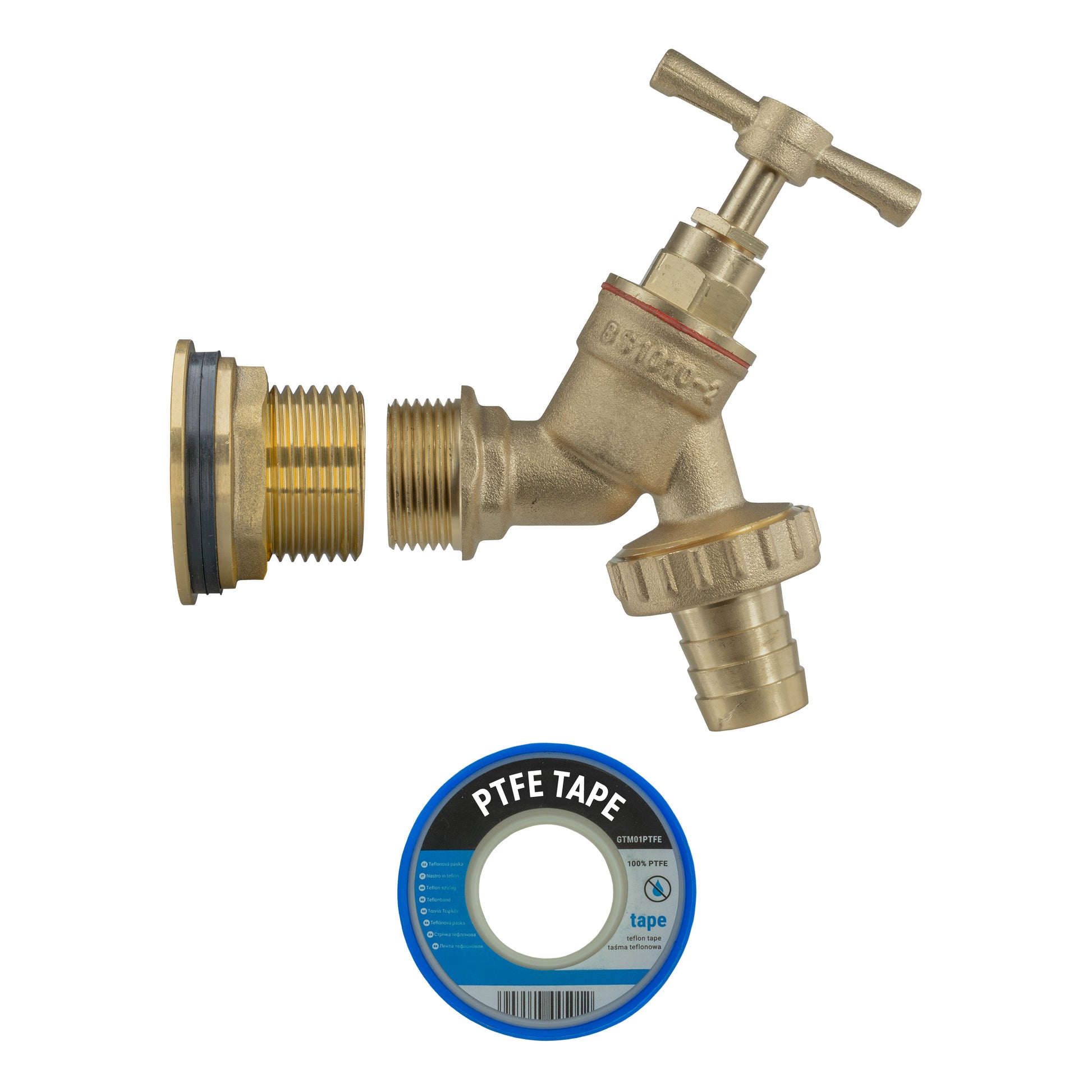 Brass water butt tap kit with PTFE tape for seal on barbed and threaded fittings