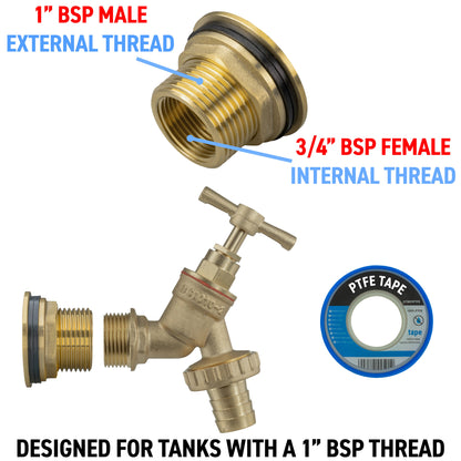 Brass adapter fittings showing 1" BSP male external thread and 3/4" BSP female internal thread