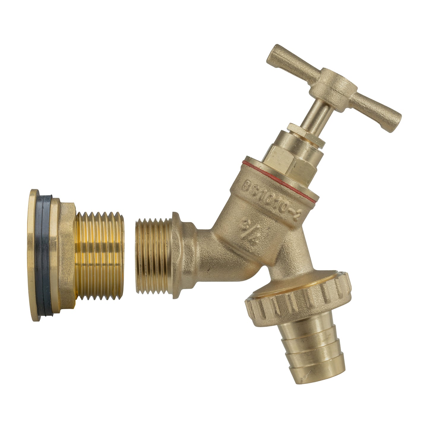 Brass tap connector kit with barbed outlet, red seal ring and two threaded ends