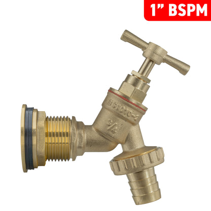 Brass water butt tap kit marked 1" BSPM with barbed outlet and threaded connection