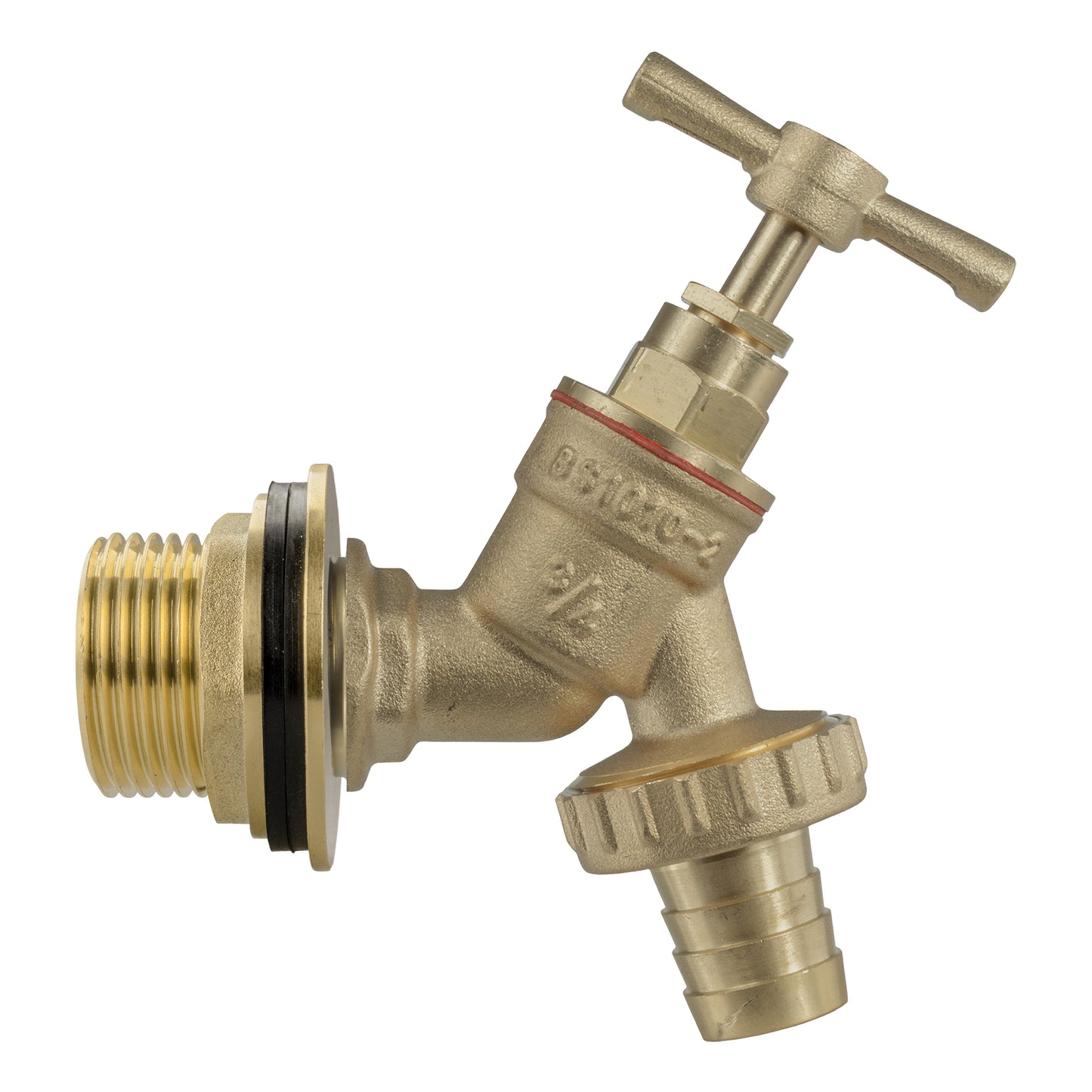 Brass barbed tap kit with lever handle, red O-ring seal, and tank mounting thread