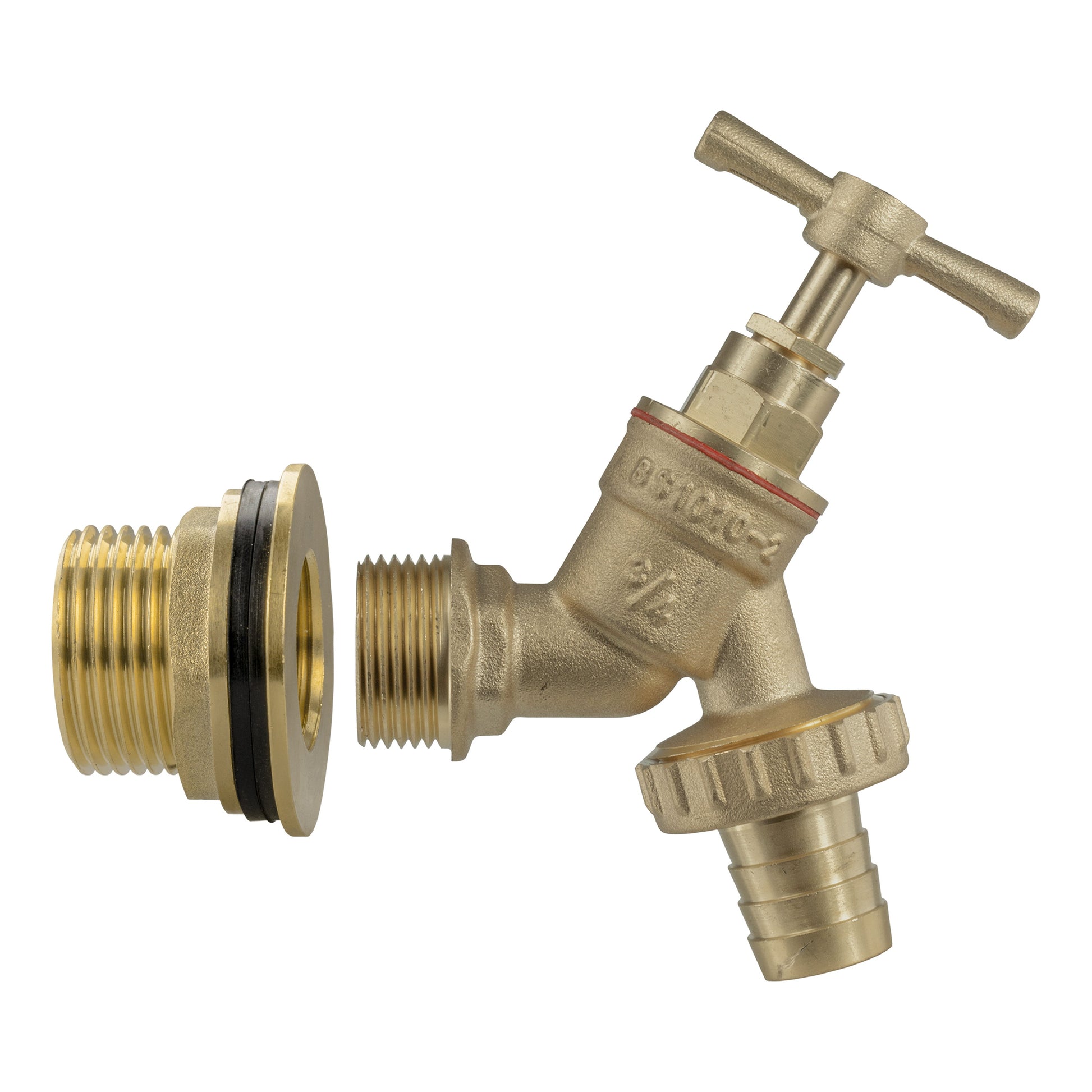 Brass tap connector set with barbed outlet, lever handle and flanged threaded inlet