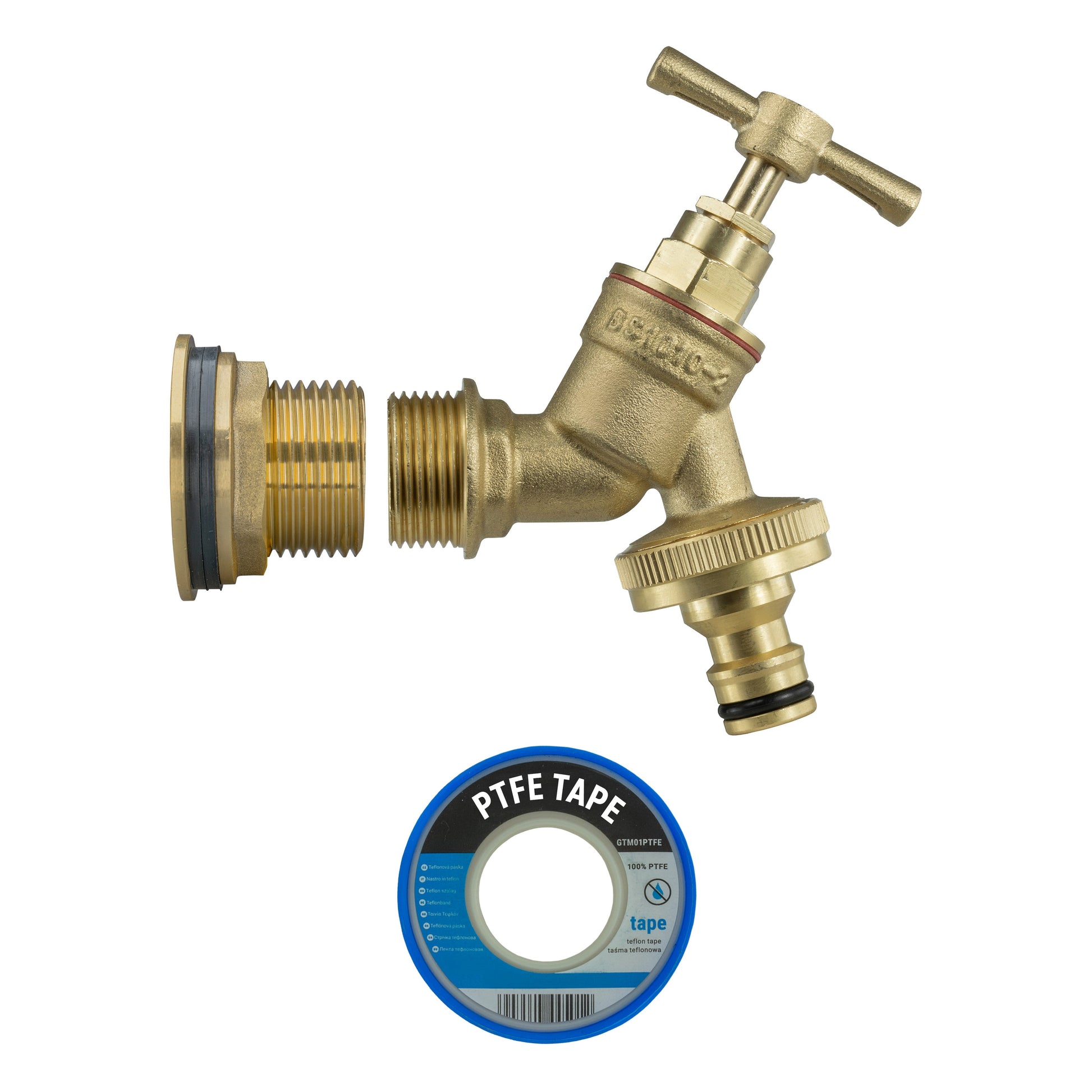 Brass water butt tap kit with PTFE tape included and quick-connect hose outlet