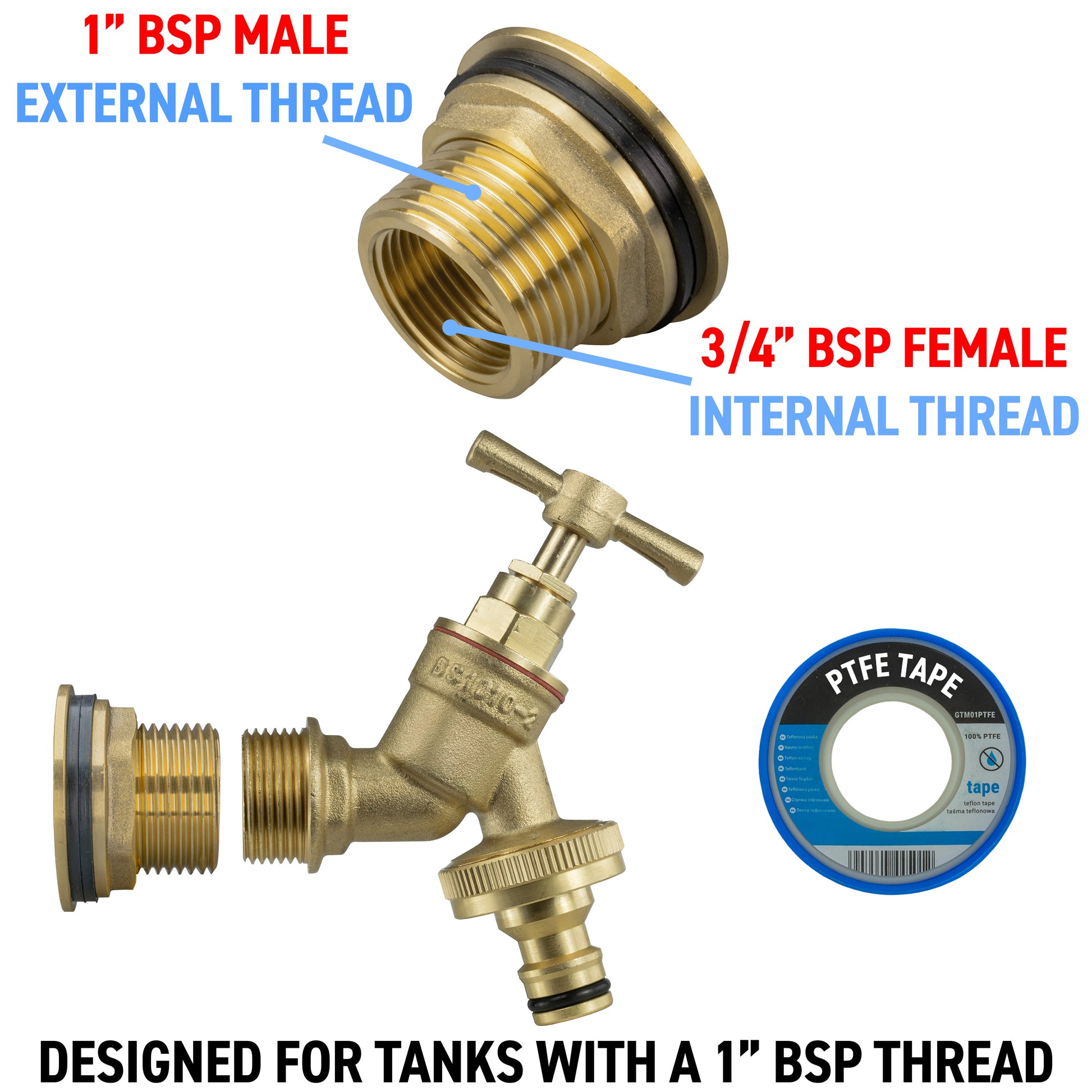 Brass tap adapter showing 1 inch BSP male and 3/4 inch BSP female threads
