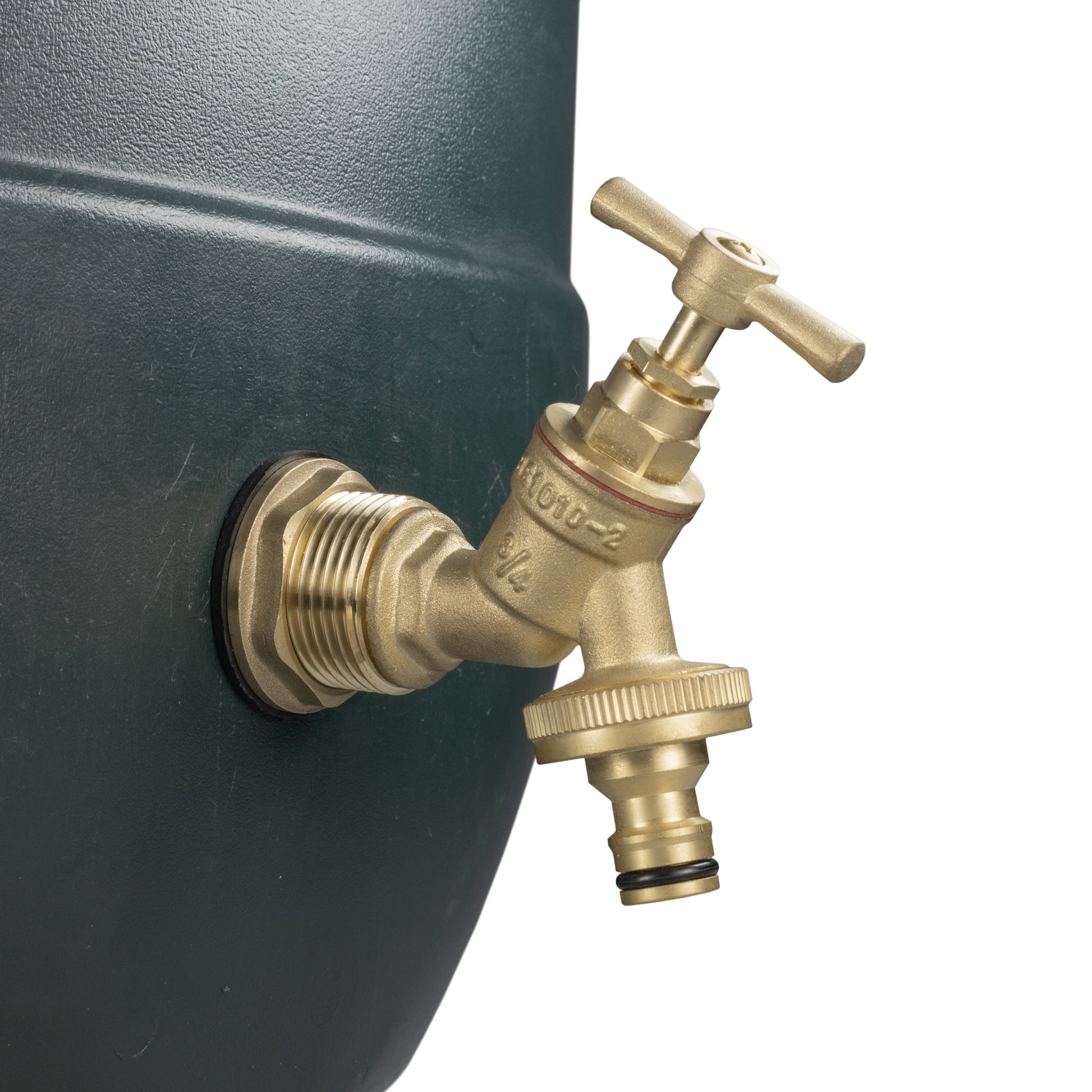 Brass quick-connect tap fitted to water butt with threaded inlet and hose connector