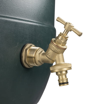 Brass quick-connect tap fitted to water butt with threaded inlet and hose connector