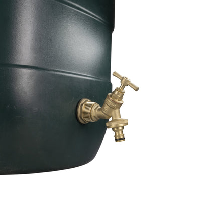 Brass tap connector on water butt opening with threaded inlet and quick-connect hose end