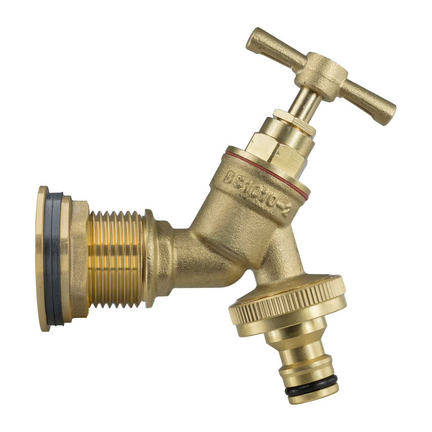 Brass quick-connect tap fitting with 1 inch inlet thread and 3/4 inch outlet