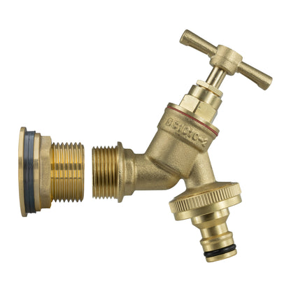 Brass quick-connect tap fitting with knurled collar, red O-ring, and hose connector