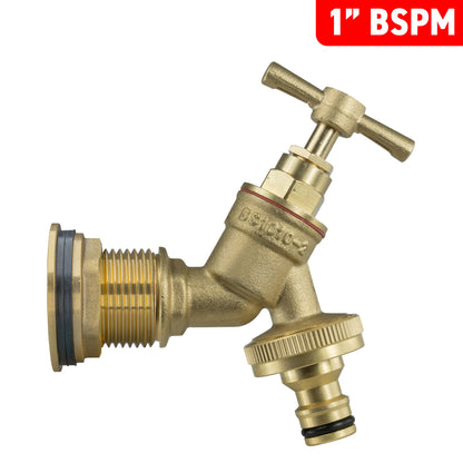 Brass tap fitting labeled for 1 inch BSPM, with quick-connect outlet