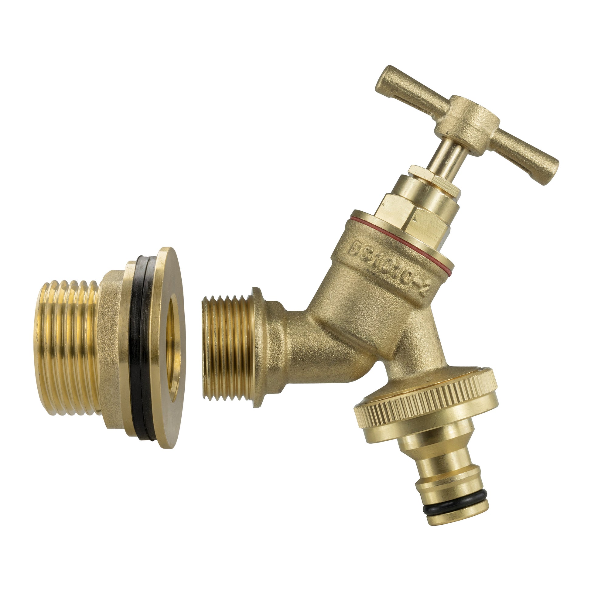 Brass water butt tap adapter with threaded inlet, knurled collar, and quick-connect outlet