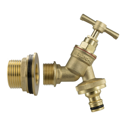 Brass water butt tap adapter with threaded inlet, knurled collar, and quick-connect outlet