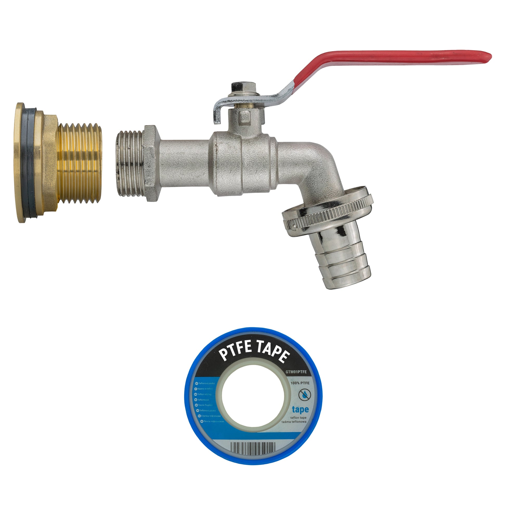 Brass tap kit with red lever plus PTFE tape included