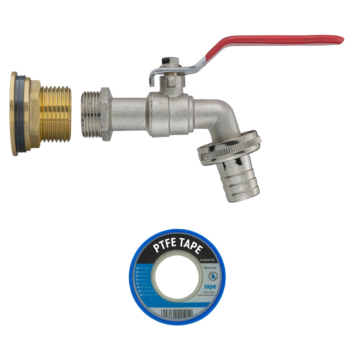 1" brass water butt tap kit with barbed lever outlet and PTFE tape