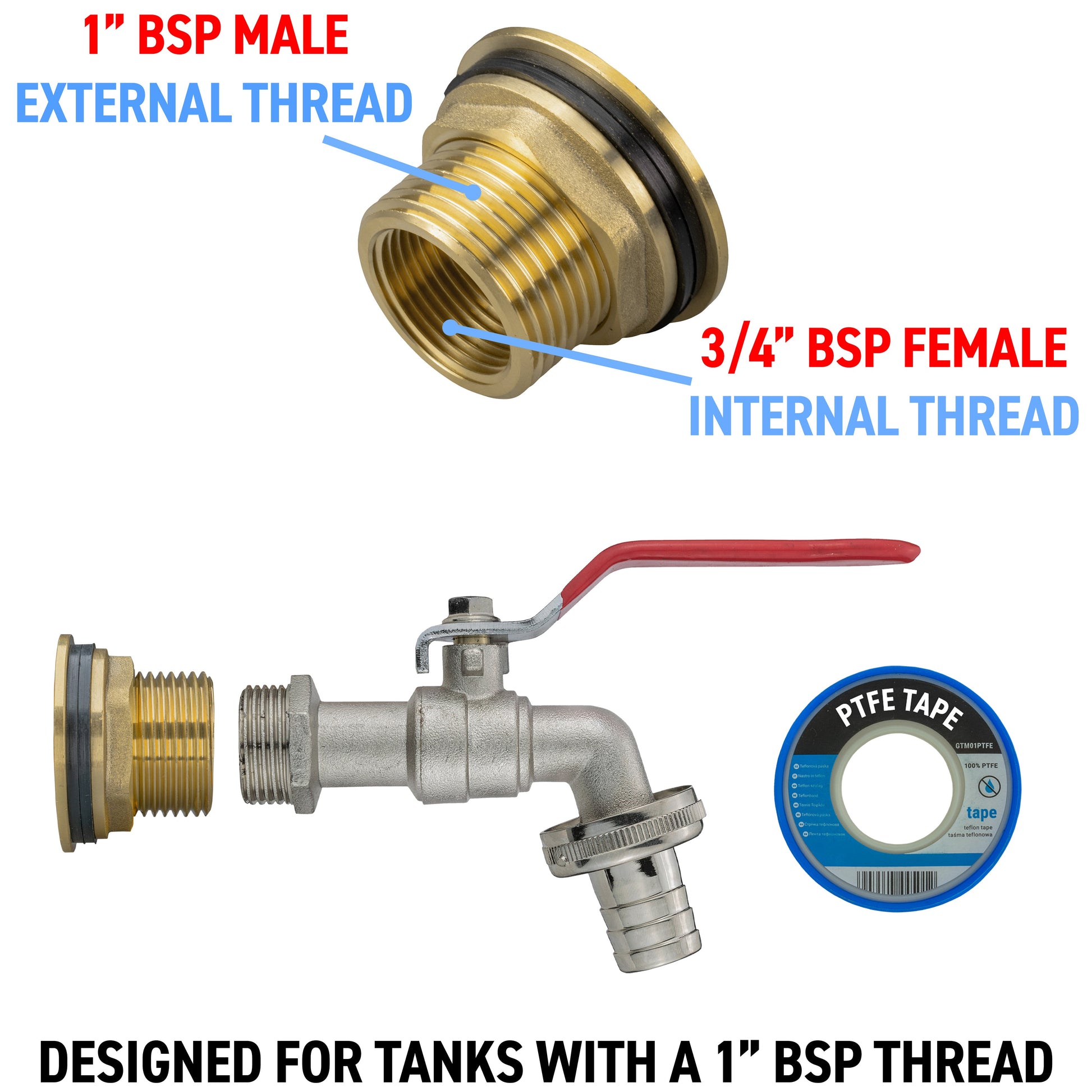 Brass tap kit with 1" BSP male and 3/4" BSP female threads