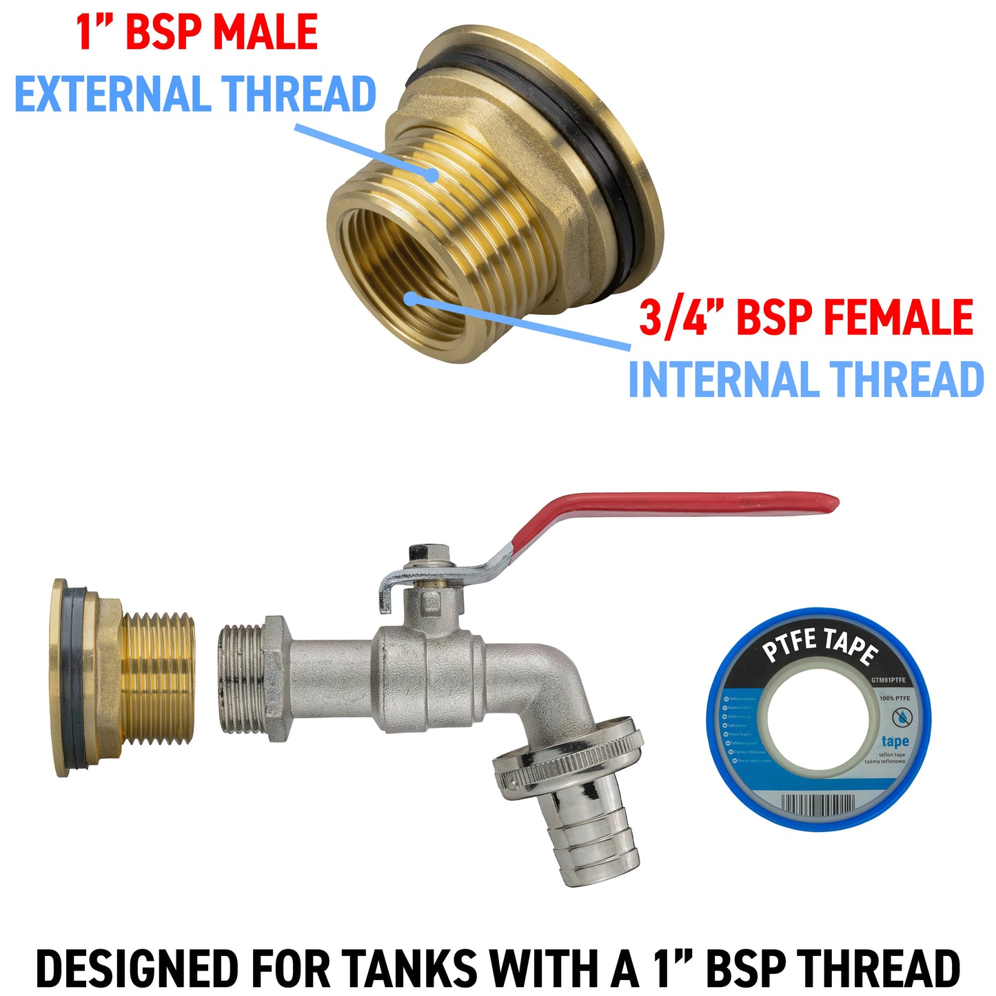 Brass tap inlet adapter with 1" BSP male external thread, 3/4" BSP female internal