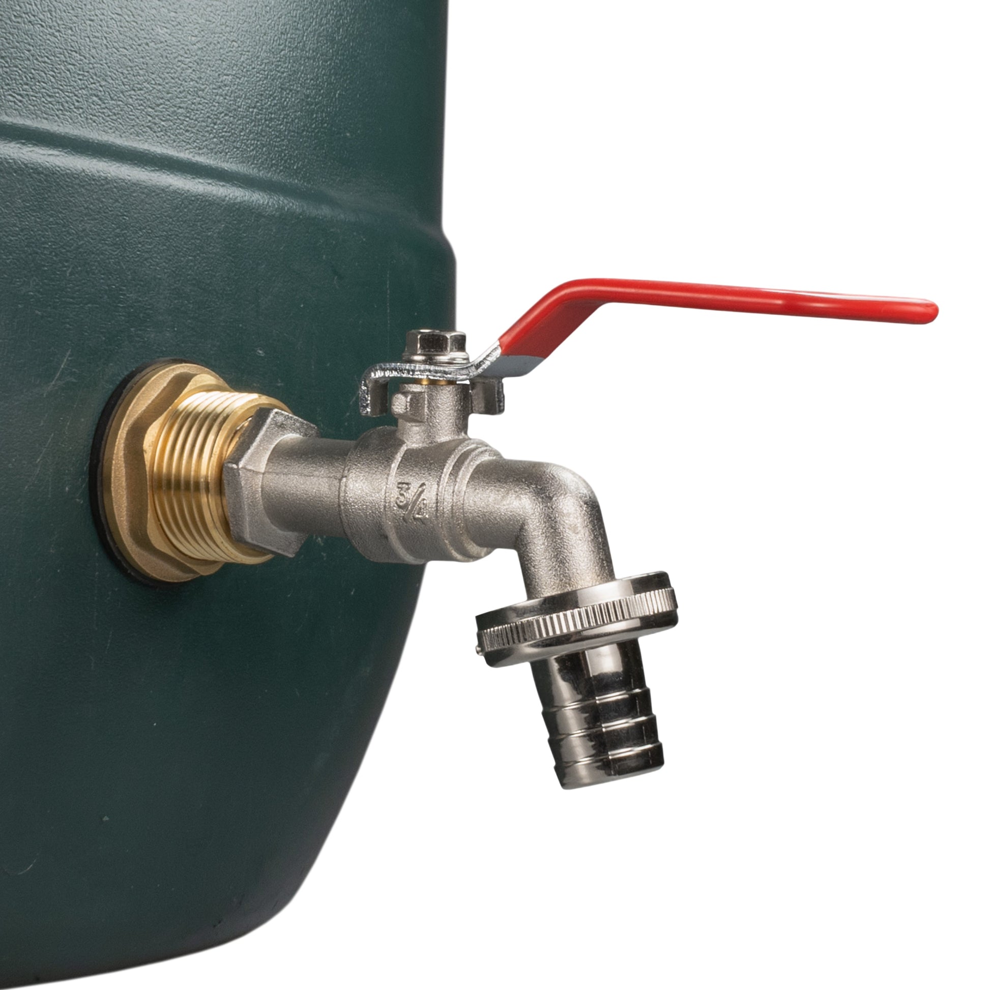 Brass water butt tap with red lever and barbed hose connector