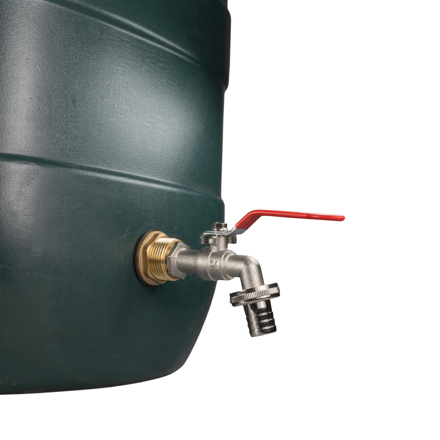 Water butt brass tap with PTFE tape roll, barbed hose connector and red lever