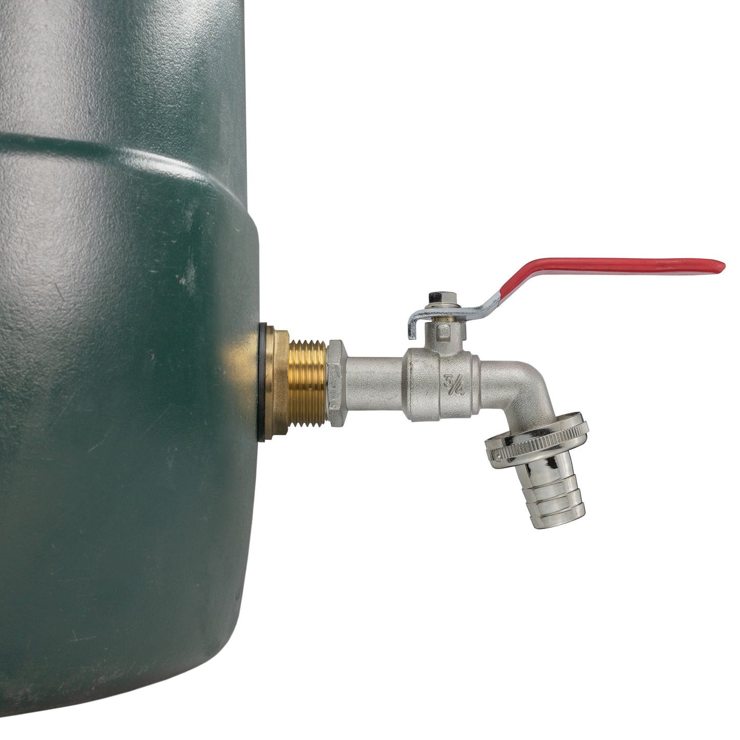 Brass water butt tap with red lever, threaded inlet and barbed outlet