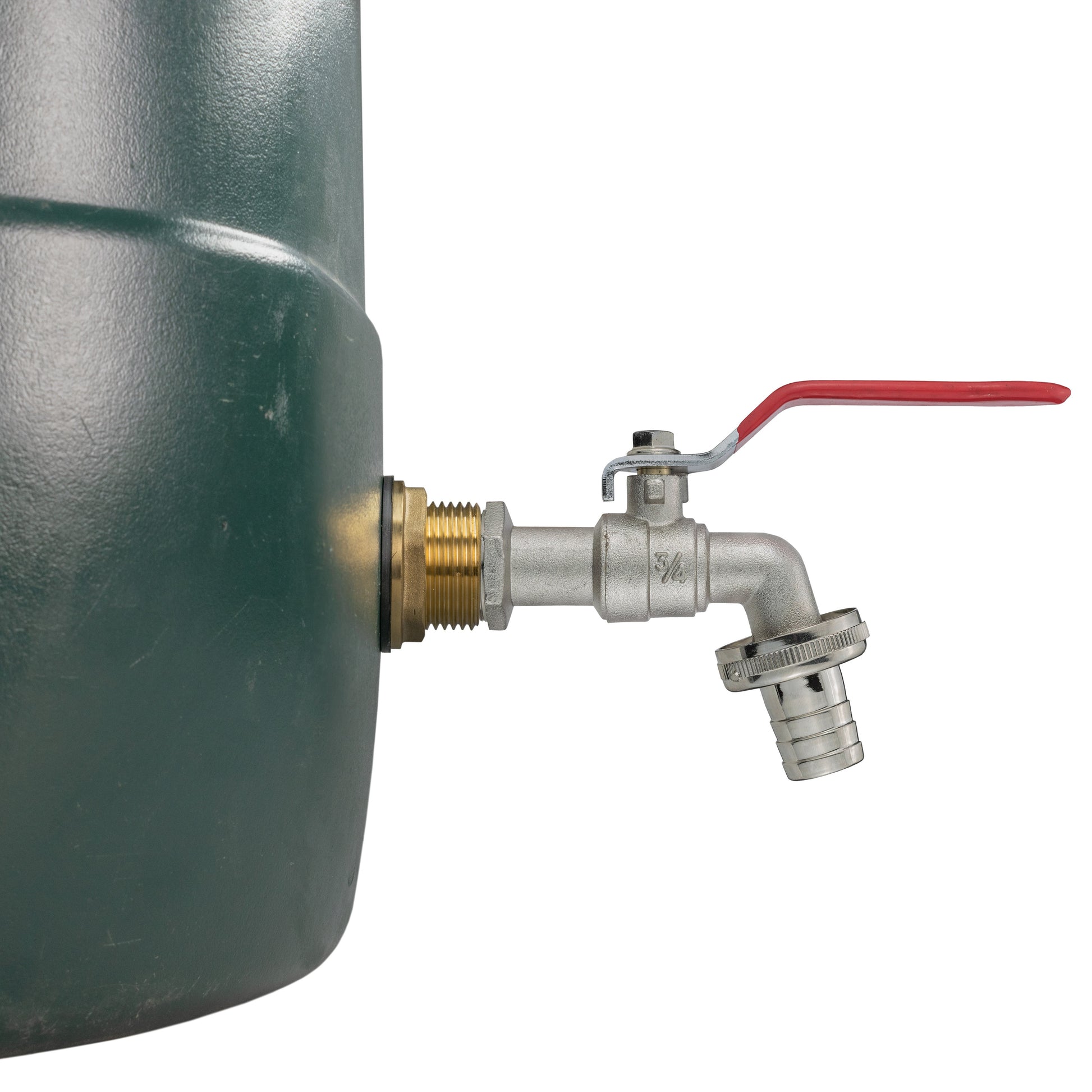 Brass water butt tap with red lever, threaded inlet and barbed outlet