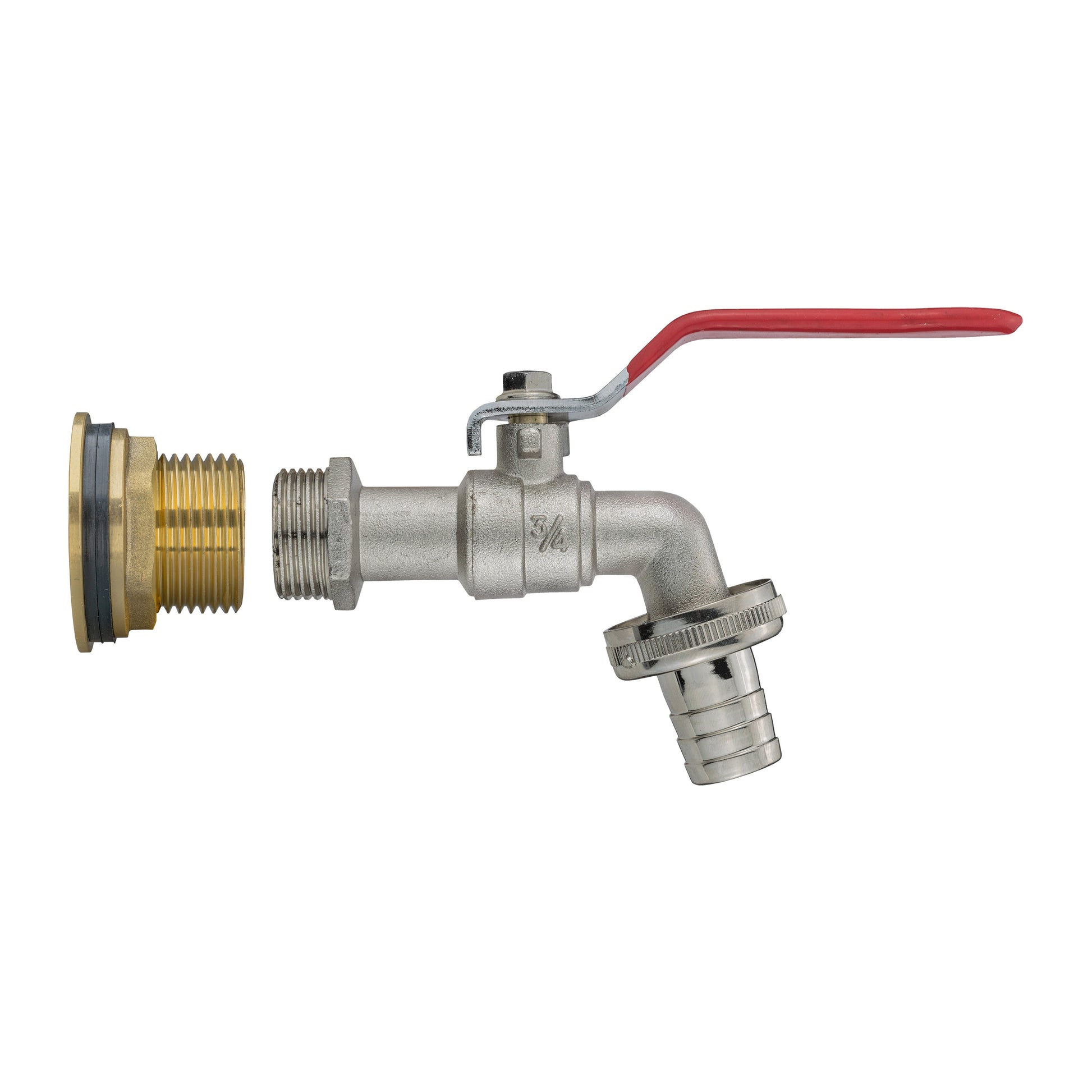 Water butt brass tap with red lever, threaded inlet coupling and barbed outlet