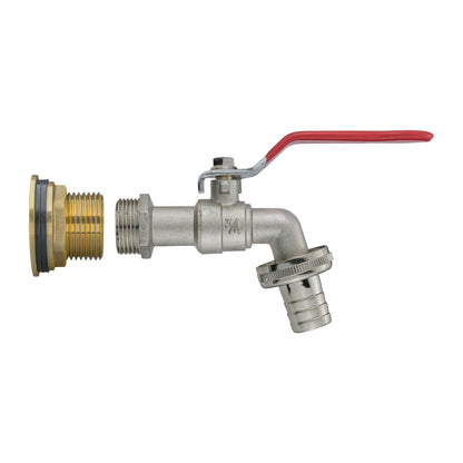 Water butt brass tap with red lever, threaded inlet coupling and barbed outlet