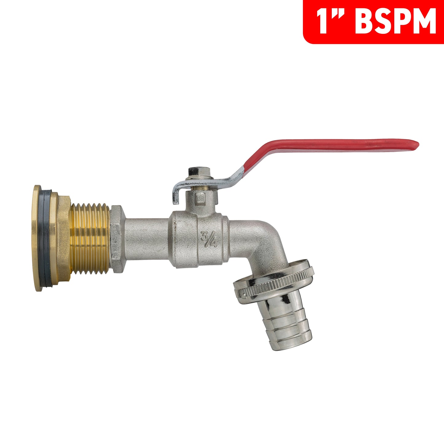 Water butt tap showing 1" BSPM inlet thread and barbed outlet with red lever