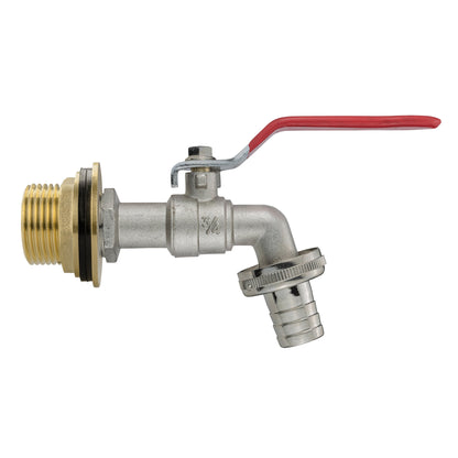 Tank outlet connection with brass threaded inlet and red lever tap