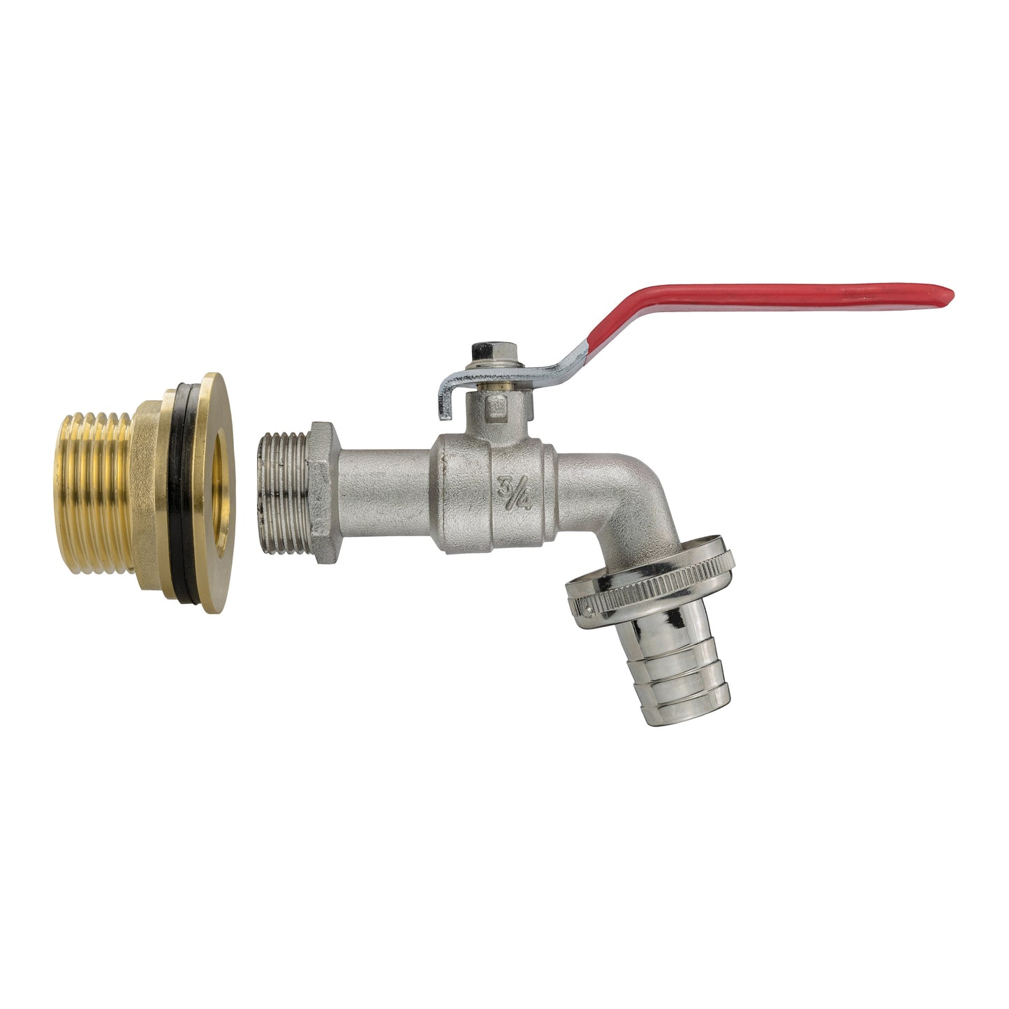 Red lever water butt tap with barbed outlet and brass threaded inlet connector