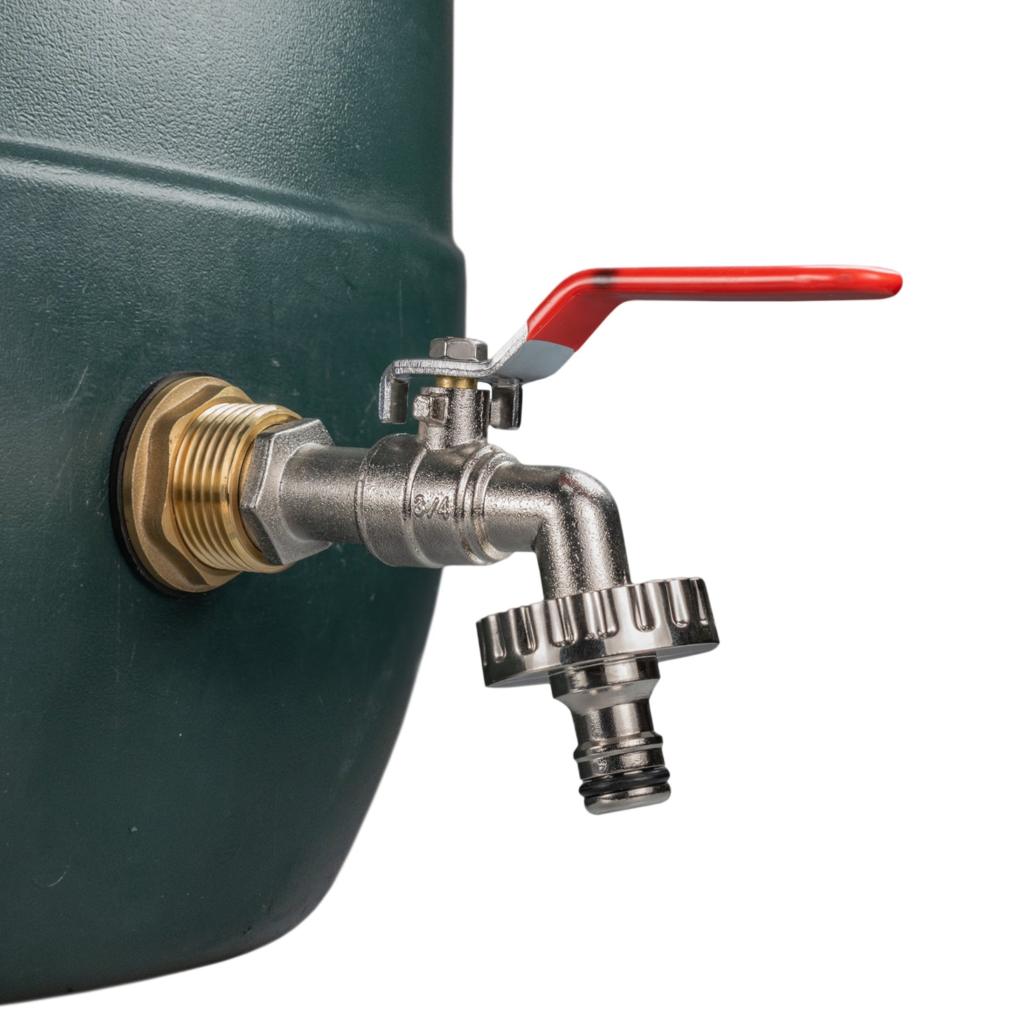 Water butt tap with red lever, hose connector outlet and brass inlet thread