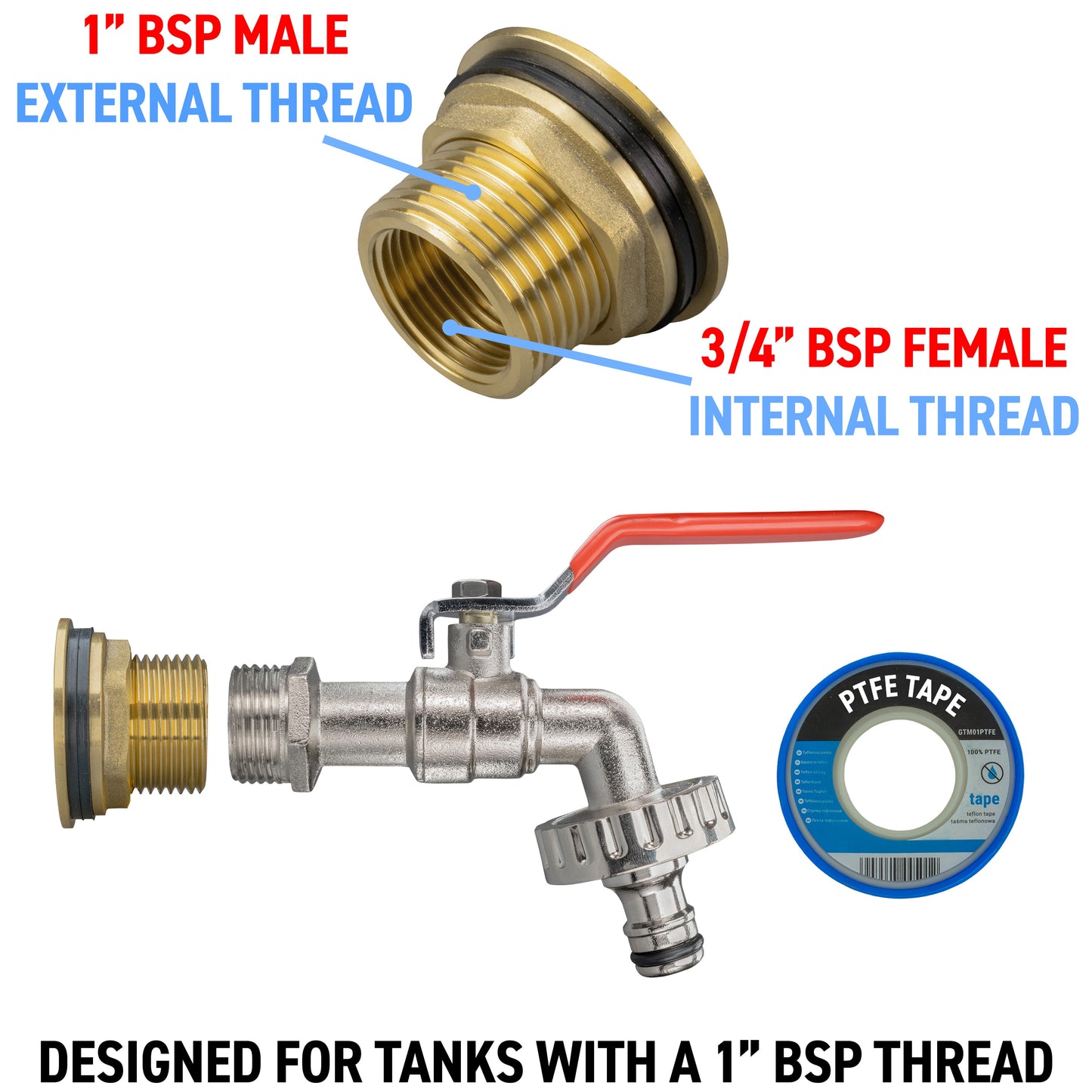 Threaded adapter: 1" BSP male to 3/4" BSP female with tap and red lever