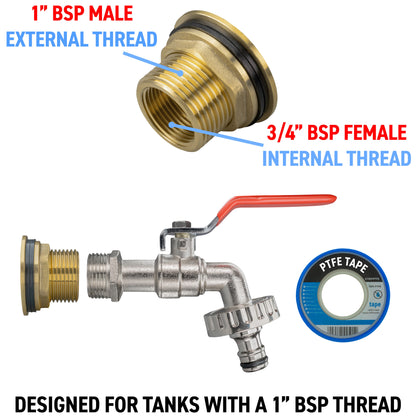 Threaded adapter: 1" BSP male to 3/4" BSP female with tap and red lever